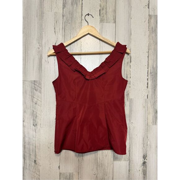 Ann Taylor Red Ruffle V Neck Sleeveless Blouse Top Career Work Office Size 2 - Picture 3 of 5
